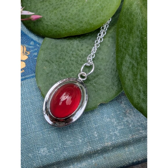 Vintage Sterling Red Glass Necklace, Romantic Gift, July Birthstone - Picture 1 of 7